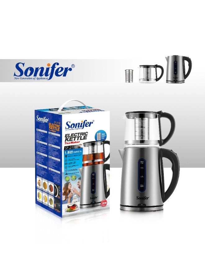 Sonifer SF-2118 1.8L Stainless Steel Kettle With 1L Tea Pot 2PC Set Keep Warm Electric Samovar Russian Style Electric Kettle Set - Image 1